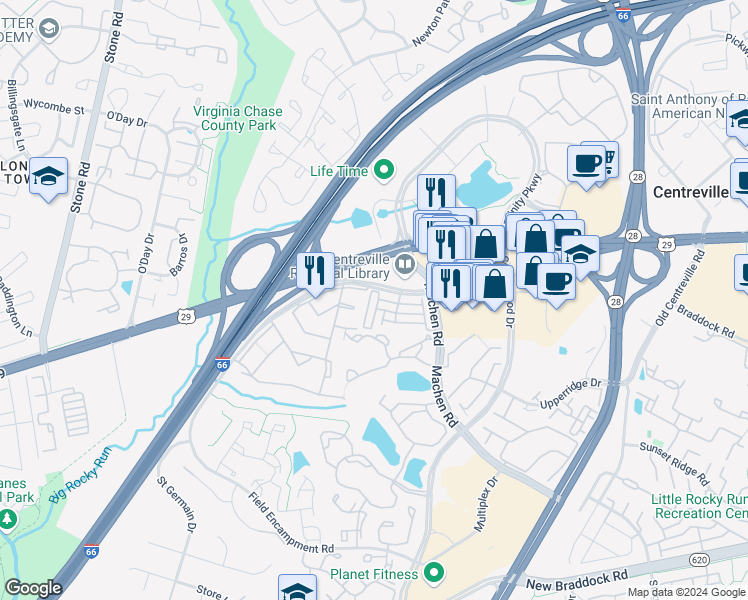 map of restaurants, bars, coffee shops, grocery stores, and more near 6053A Wicker Lane in Centreville