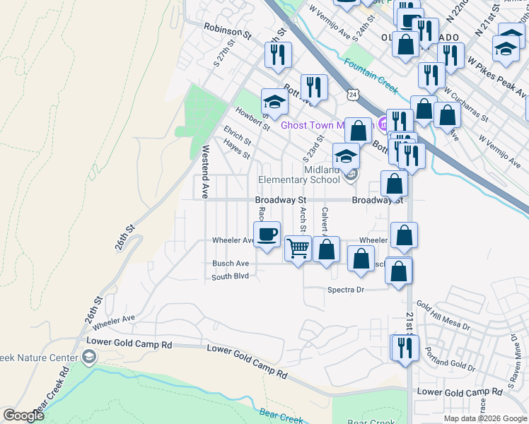 map of restaurants, bars, coffee shops, grocery stores, and more near 1331 Race Street in Colorado Springs