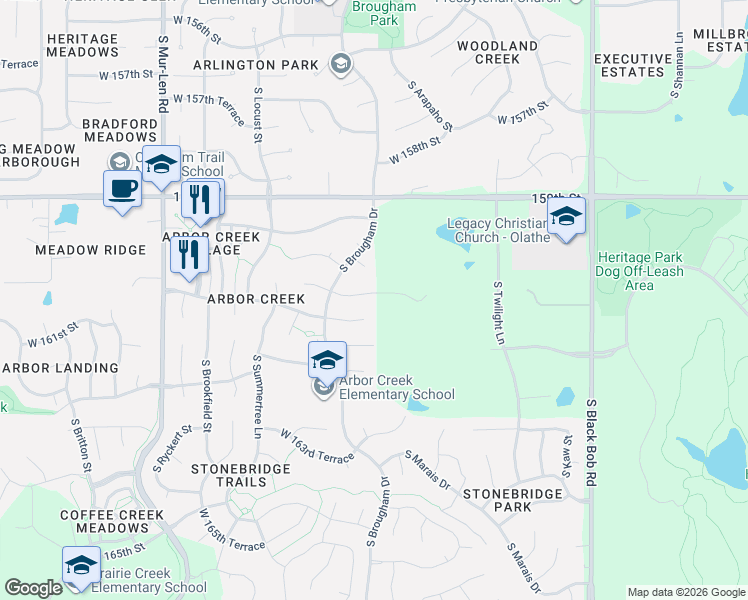 map of restaurants, bars, coffee shops, grocery stores, and more near 15905 West 160th Terrace in Olathe