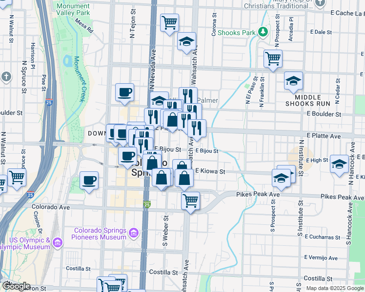 map of restaurants, bars, coffee shops, grocery stores, and more near 324 East Bijou Street in Colorado Springs