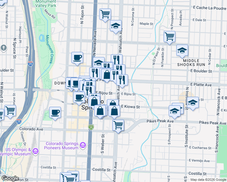 map of restaurants, bars, coffee shops, grocery stores, and more near 324 East Bijou Street in Colorado Springs