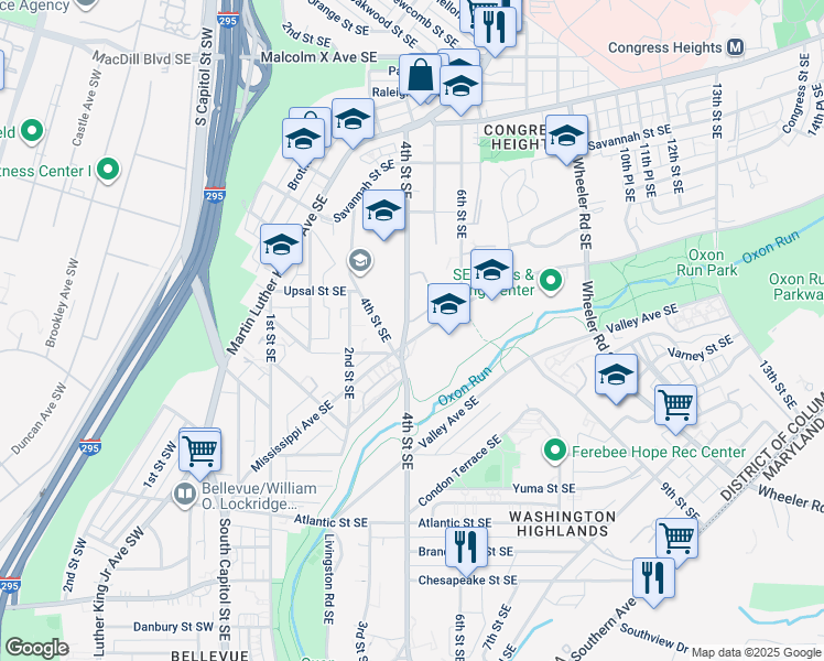 map of restaurants, bars, coffee shops, grocery stores, and more near 472 Woodcrest Drive Southeast in Washington