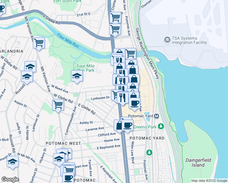 map of restaurants, bars, coffee shops, grocery stores, and more near 181 East Reed Avenue in Alexandria