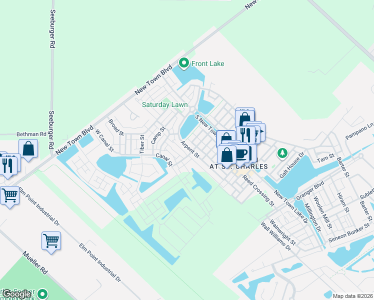 map of restaurants, bars, coffee shops, grocery stores, and more near 3194 Canal Street in Saint Charles