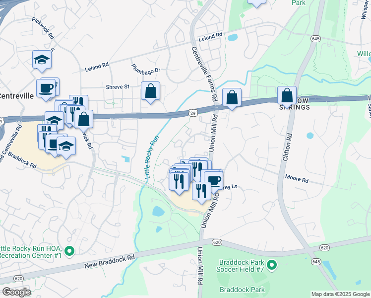 map of restaurants, bars, coffee shops, grocery stores, and more near 5653 Gosling Drive in Clifton