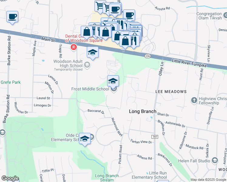 map of restaurants, bars, coffee shops, grocery stores, and more near 4101 Pickett Road in Fairfax
