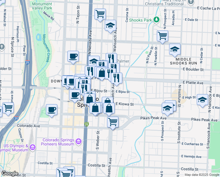 map of restaurants, bars, coffee shops, grocery stores, and more near 324 East Bijou Street in Colorado Springs
