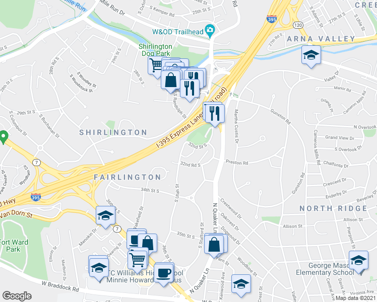 map of restaurants, bars, coffee shops, grocery stores, and more near 4230 32nd Street South in Arlington