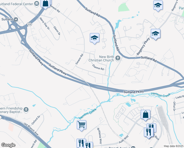 map of restaurants, bars, coffee shops, grocery stores, and more near 3805 Swann Road in Suitland-Silver Hill