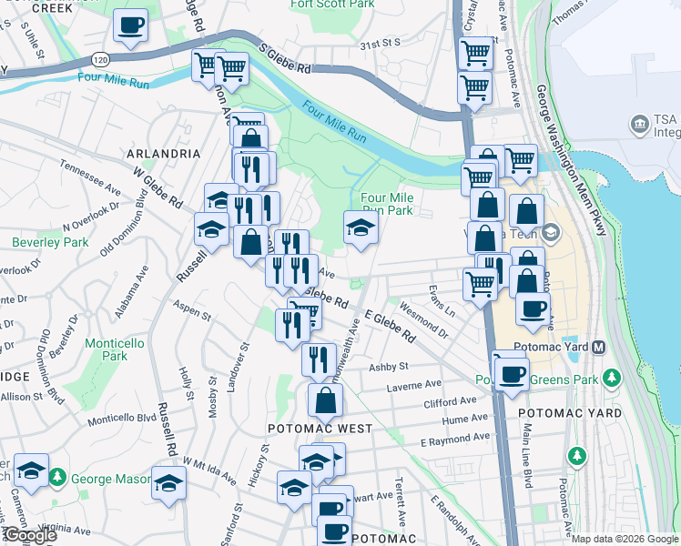 map of restaurants, bars, coffee shops, grocery stores, and more near 37 West Reed Avenue in Alexandria