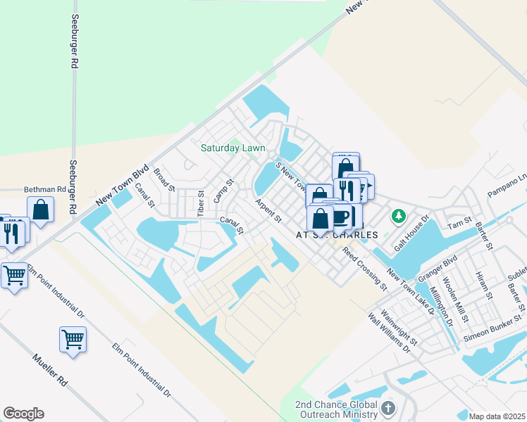 map of restaurants, bars, coffee shops, grocery stores, and more near 3641 Arpent Street in Saint Charles