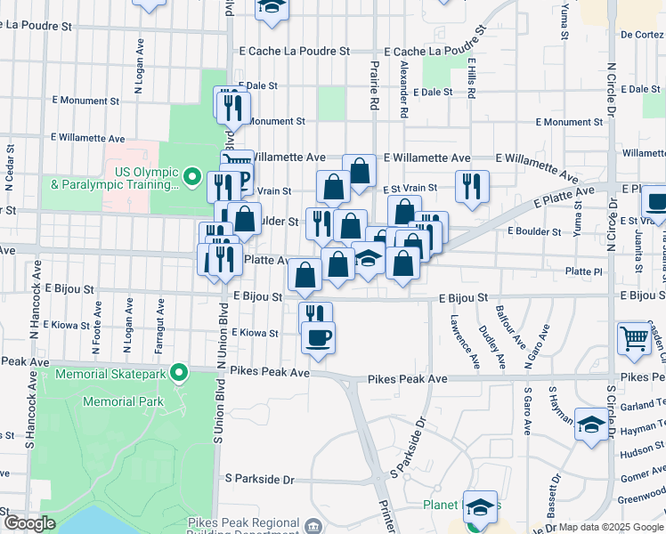 map of restaurants, bars, coffee shops, grocery stores, and more near 225 Iowa Avenue in Colorado Springs