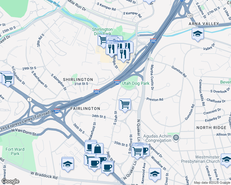 map of restaurants, bars, coffee shops, grocery stores, and more near 3222 South Utah Street in Arlington
