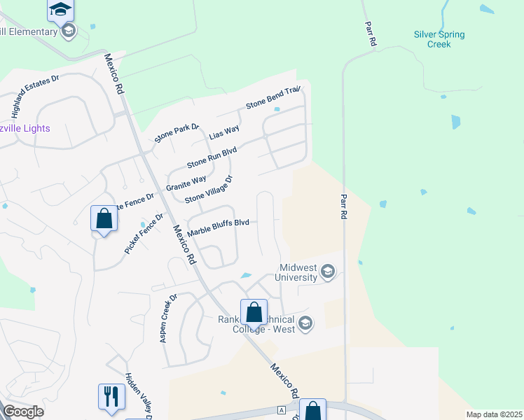 map of restaurants, bars, coffee shops, grocery stores, and more near 459 Honeysuckle Creek Drive in Wentzville