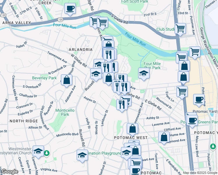 map of restaurants, bars, coffee shops, grocery stores, and more near 208 West Glebe Road in Alexandria