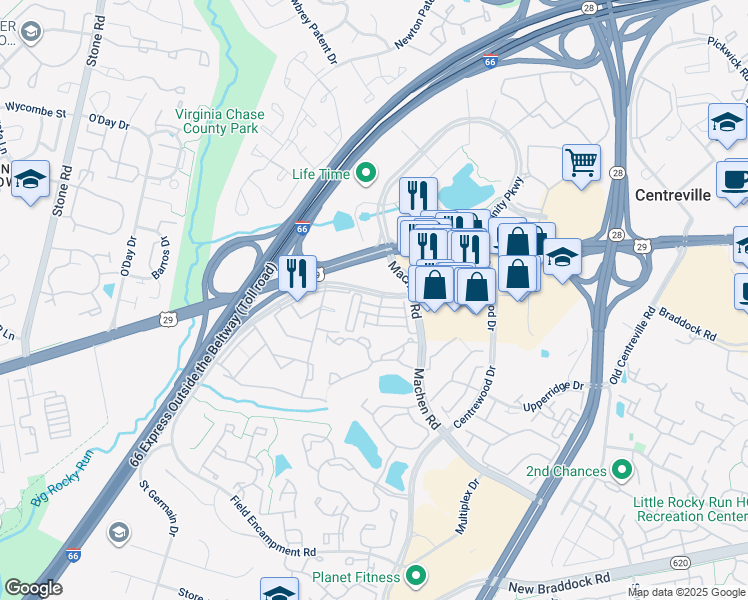 map of restaurants, bars, coffee shops, grocery stores, and more near 14227 Saint Germain Drive in Centreville
