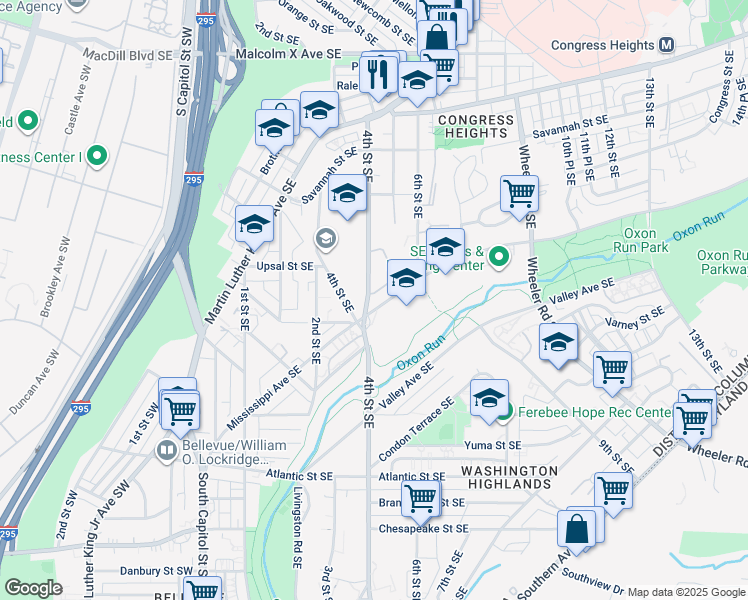 map of restaurants, bars, coffee shops, grocery stores, and more near 472 Woodcrest Drive Southeast in Washington
