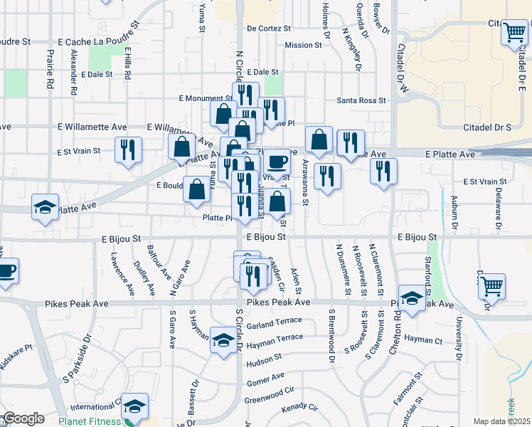 map of restaurants, bars, coffee shops, grocery stores, and more near 316 Juanita Street in Colorado Springs