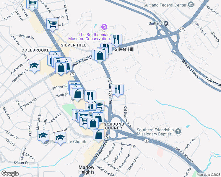 map of restaurants, bars, coffee shops, grocery stores, and more near 3817 Saint Barnabas Road in Suitland-Silver Hill
