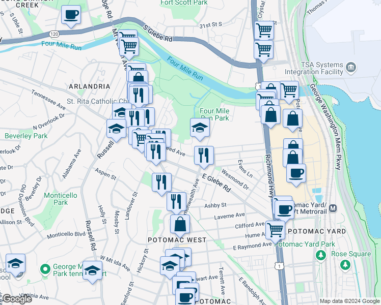 map of restaurants, bars, coffee shops, grocery stores, and more near 31 West Reed Avenue in Alexandria