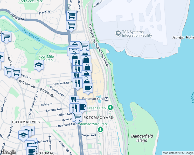 map of restaurants, bars, coffee shops, grocery stores, and more near 3601 Potomac Avenue in Alexandria