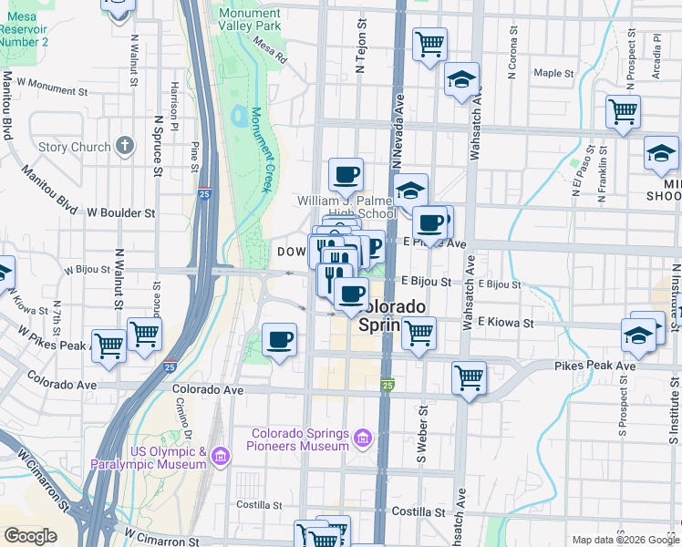 map of restaurants, bars, coffee shops, grocery stores, and more near 7 East Bijou Street in Colorado Springs