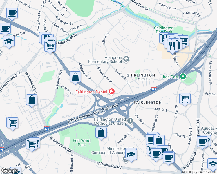 map of restaurants, bars, coffee shops, grocery stores, and more near 3033 South Columbus Street in Arlington