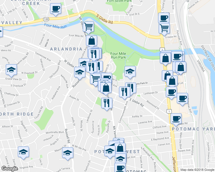 map of restaurants, bars, coffee shops, grocery stores, and more near 121 West Glebe Road in Alexandria