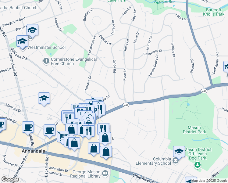 map of restaurants, bars, coffee shops, grocery stores, and more near 4006 Ridge Road in Annandale
