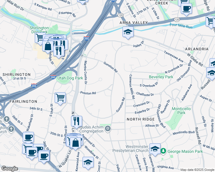 map of restaurants, bars, coffee shops, grocery stores, and more near 1633 Preston Road in Alexandria