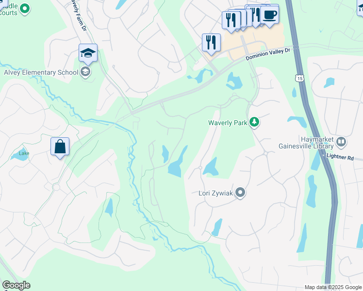 map of restaurants, bars, coffee shops, grocery stores, and more near 15459 Arnold Palmer Drive in Haymarket