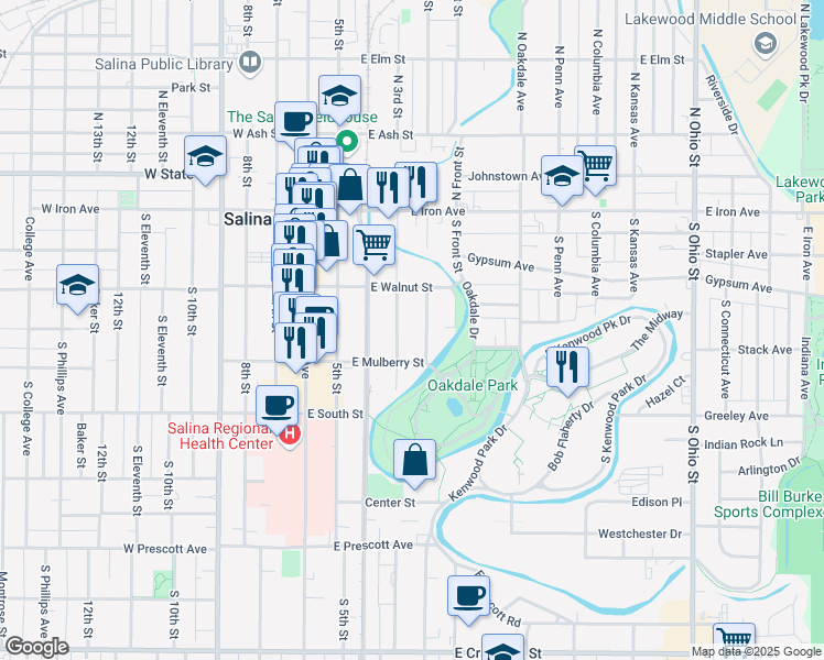 map of restaurants, bars, coffee shops, grocery stores, and more near 219 South 3rd Street in Salina