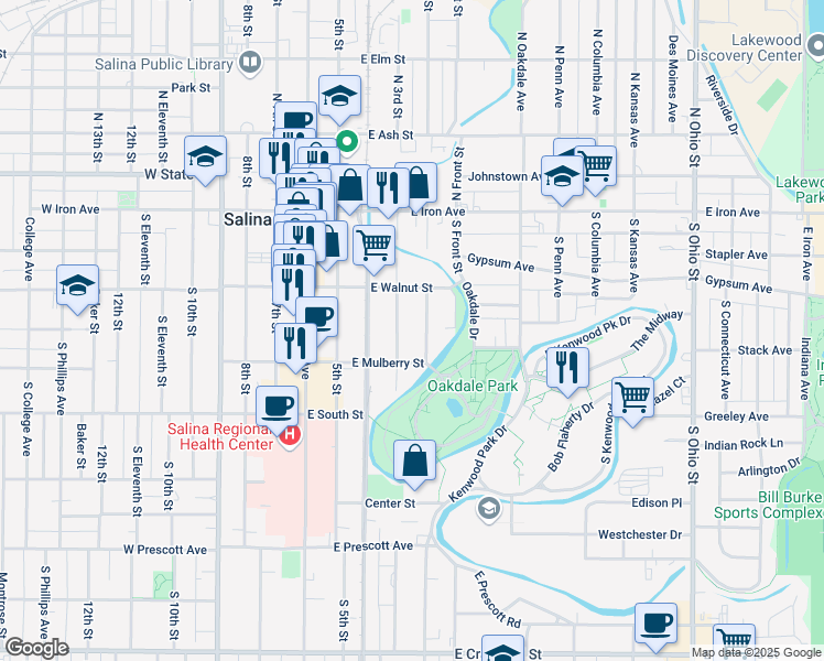 map of restaurants, bars, coffee shops, grocery stores, and more near 219 South 3rd Street in Salina
