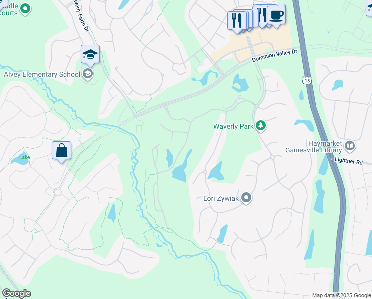map of restaurants, bars, coffee shops, grocery stores, and more near 15459 Arnold Palmer Drive in Haymarket