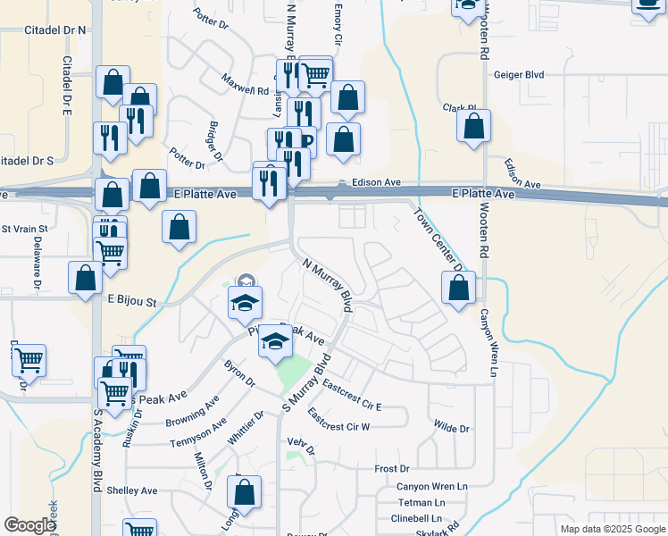 map of restaurants, bars, coffee shops, grocery stores, and more near 250 North Murray Boulevard in Colorado Springs