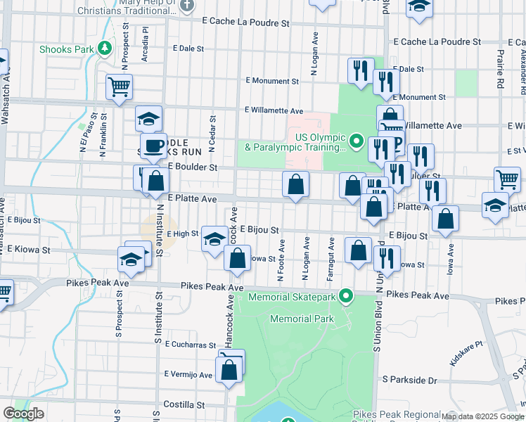 map of restaurants, bars, coffee shops, grocery stores, and more near 207 North Sheridan Avenue in Colorado Springs