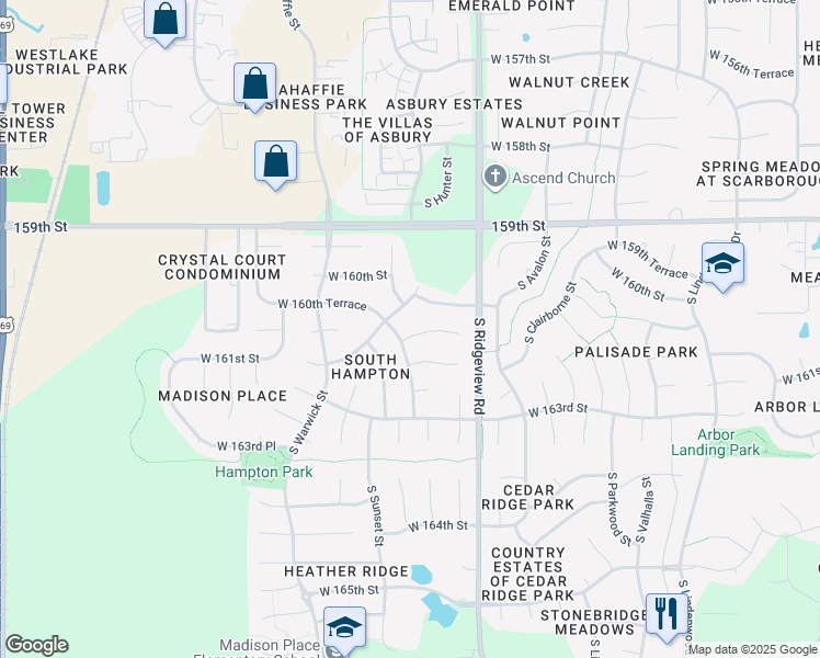 map of restaurants, bars, coffee shops, grocery stores, and more near 18563 West 161st Street in Olathe