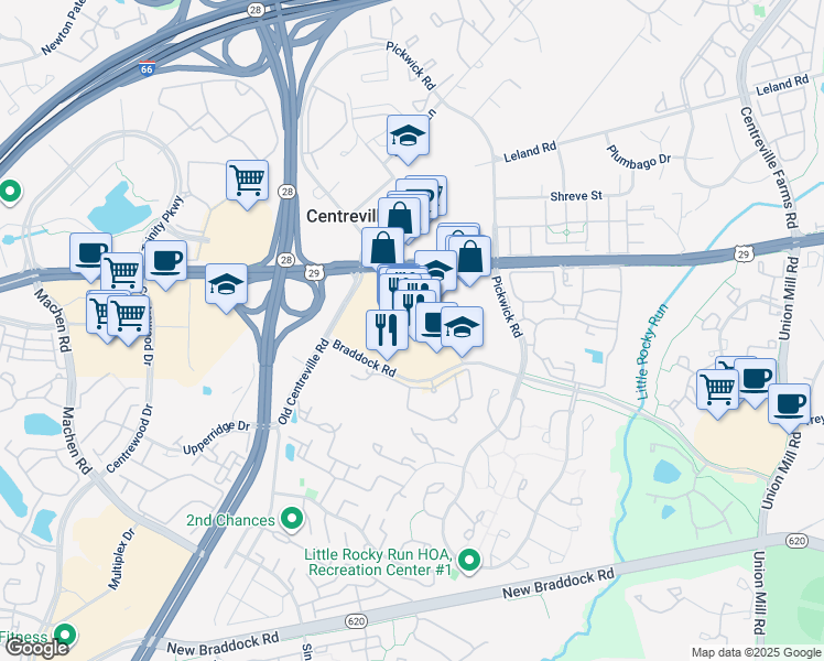 map of restaurants, bars, coffee shops, grocery stores, and more near 13830 Braddock Road in Centreville