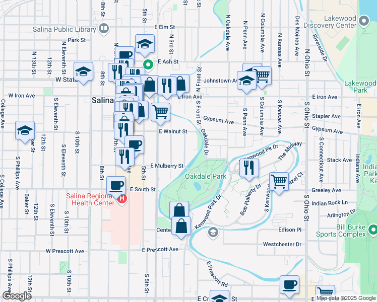 map of restaurants, bars, coffee shops, grocery stores, and more near 240 South Front Street in Salina