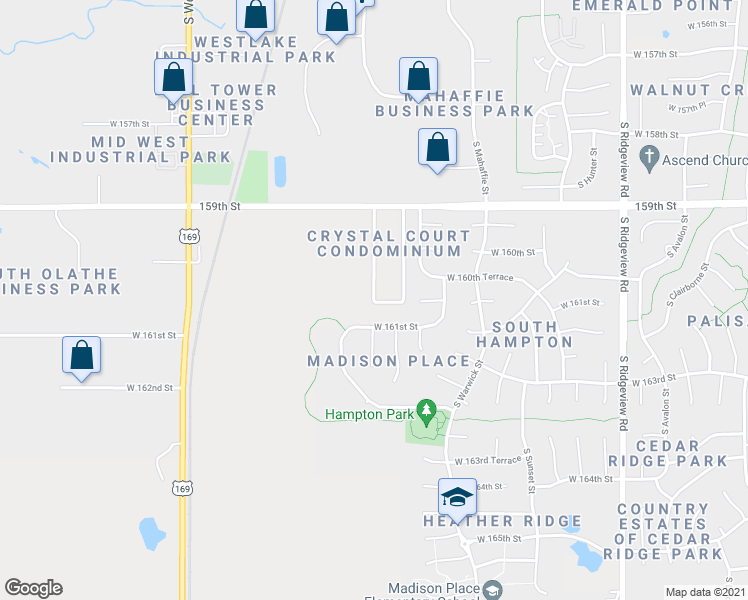 map of restaurants, bars, coffee shops, grocery stores, and more near Crestview Drive in Olathe