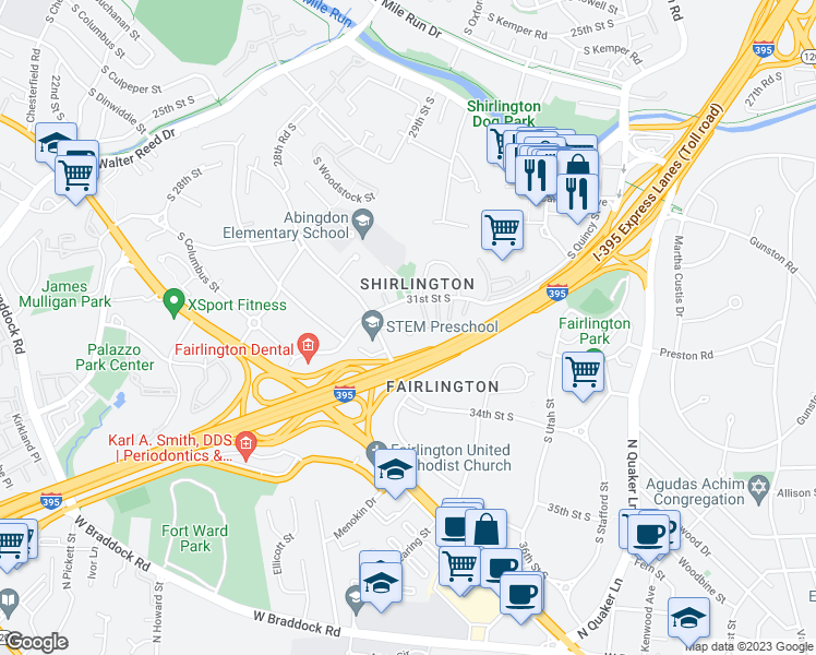 map of restaurants, bars, coffee shops, grocery stores, and more near 4601 31st Road South in Arlington