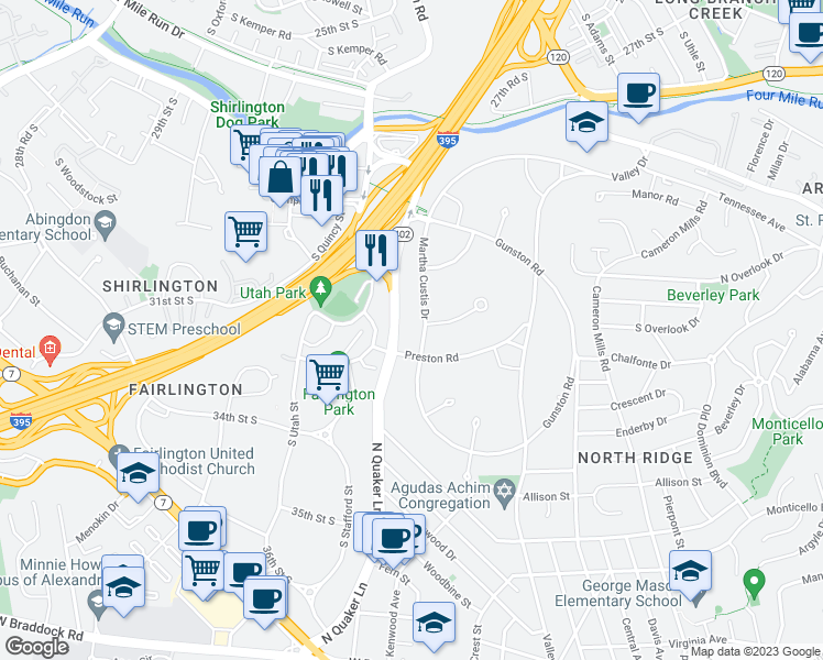 map of restaurants, bars, coffee shops, grocery stores, and more near 3424 Martha Custis Drive in Alexandria
