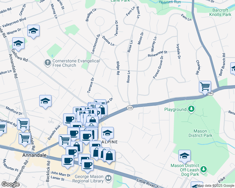 map of restaurants, bars, coffee shops, grocery stores, and more near 4006 Ridge Road in Annandale
