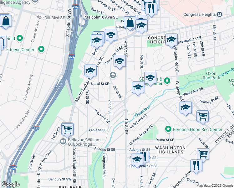 map of restaurants, bars, coffee shops, grocery stores, and more near 3719 4th Street Southeast in Washington