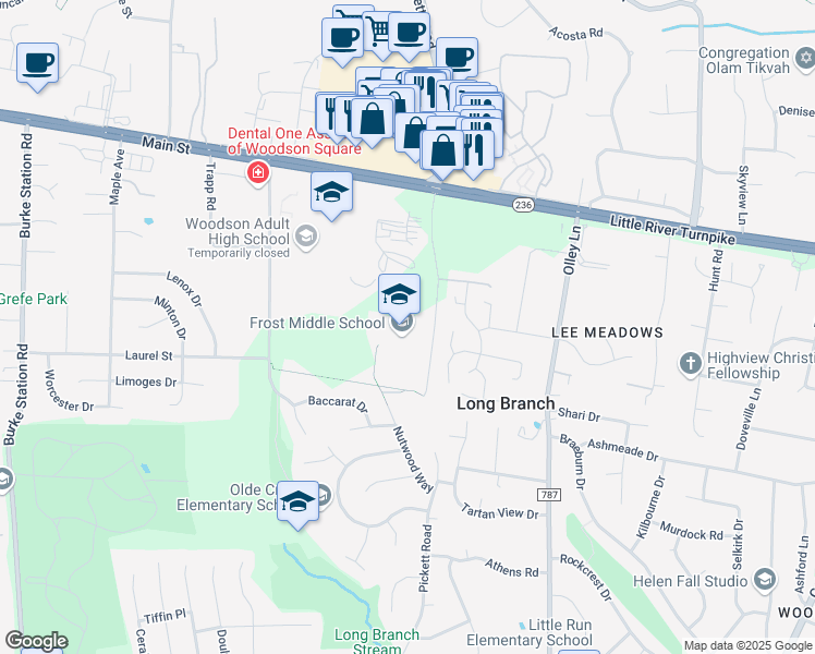 map of restaurants, bars, coffee shops, grocery stores, and more near 4101 Pickett Road in Fairfax