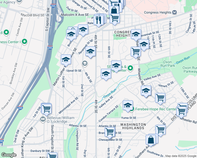 map of restaurants, bars, coffee shops, grocery stores, and more near Woodcrest Drive Southeast in Washington