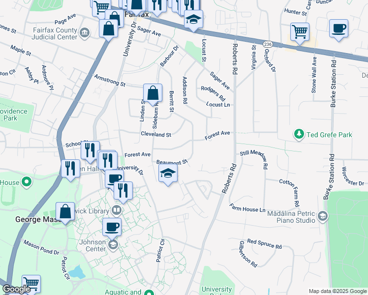 map of restaurants, bars, coffee shops, grocery stores, and more near 10307 Forest Avenue in Fairfax