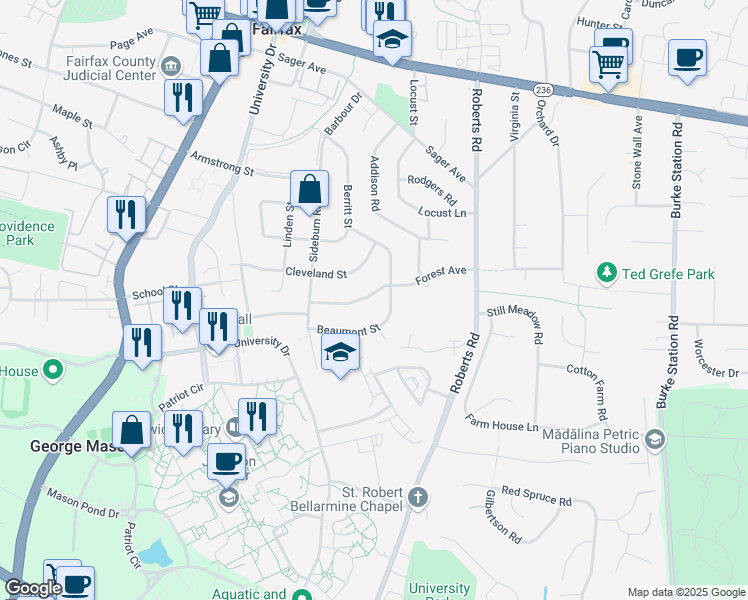 map of restaurants, bars, coffee shops, grocery stores, and more near 10307 Forest Avenue in Fairfax