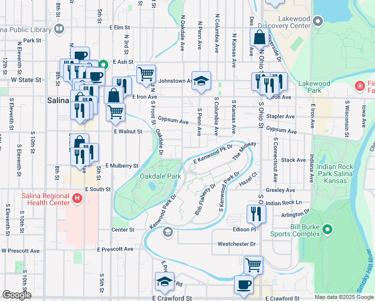 map of restaurants, bars, coffee shops, grocery stores, and more near 708 Smoky Hill Drive in Salina