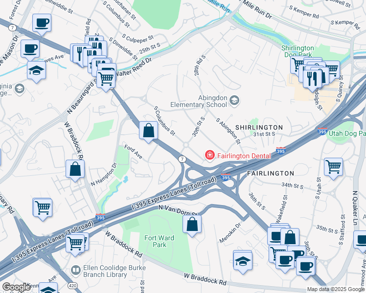 map of restaurants, bars, coffee shops, grocery stores, and more near 4907 30th Street South in Arlington